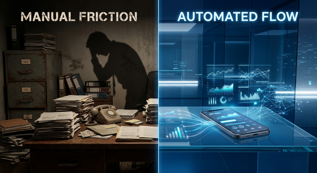 Split screen showing manual friction versus AI-driven efficiency