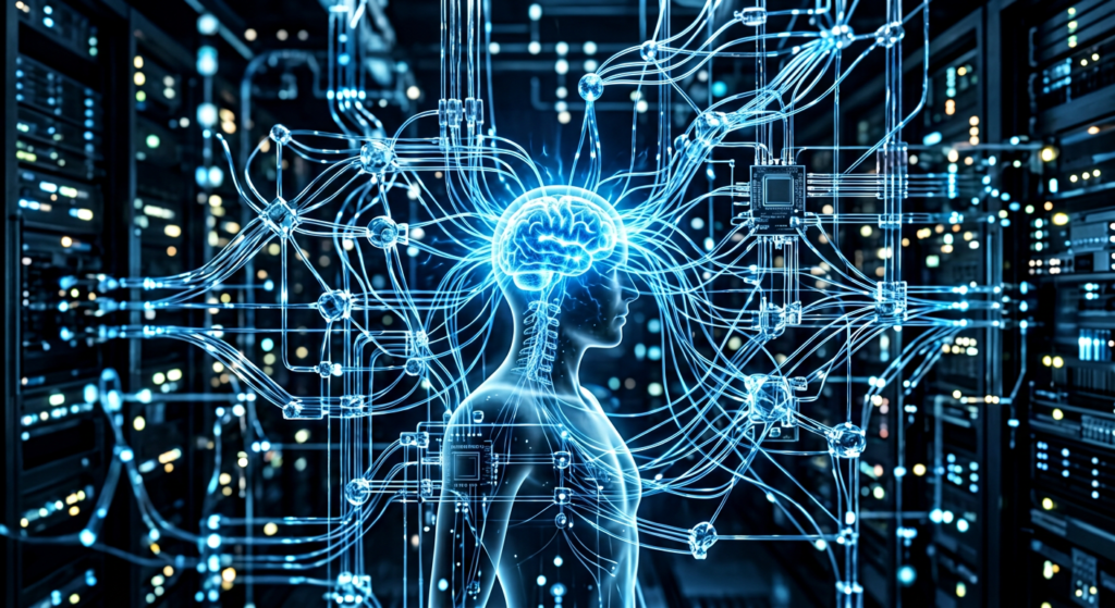 Glowing AI neural network representing intelligent automation